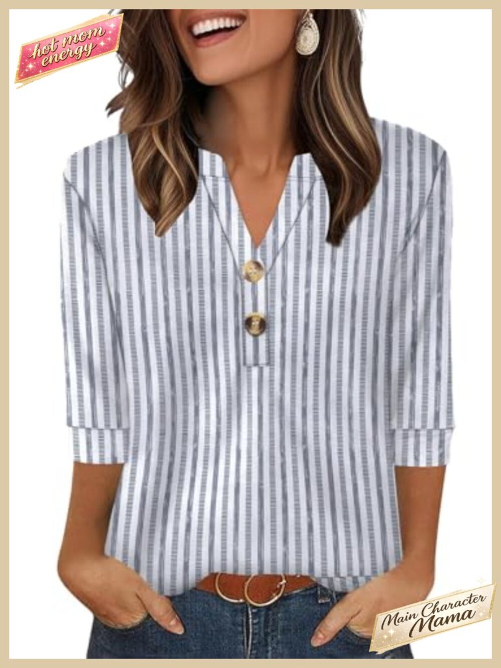 Womens 3/4 Sleeve V Neck Blouse Striped Button Detail Casual Top